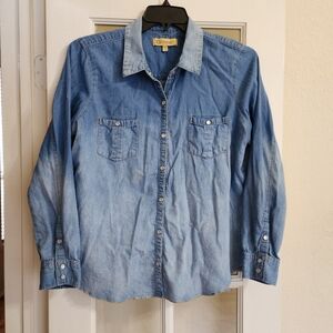 Democracy Women's Chambray Denim Button Down XL Snap Front Ombre Medium Wash
